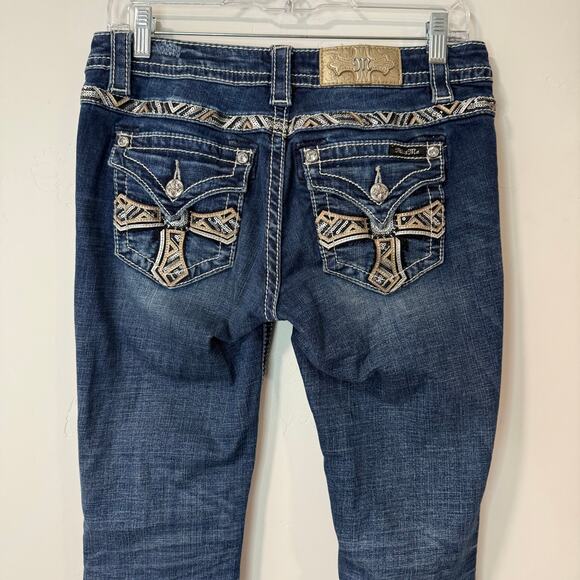 Miss Me Women's Signature Boot Jeans Cross Back Sequin Bling 28 Blue Denim - Picture 1 of 10